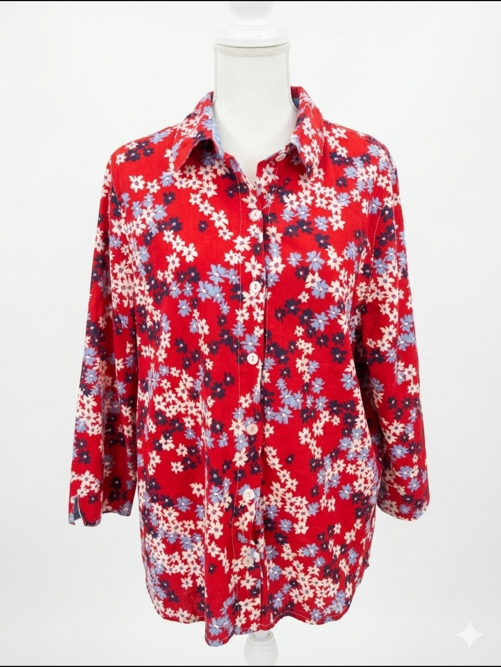 Alfred Dunner Red White Blue Floral Button Top Large 4th Of July Cotton Euc